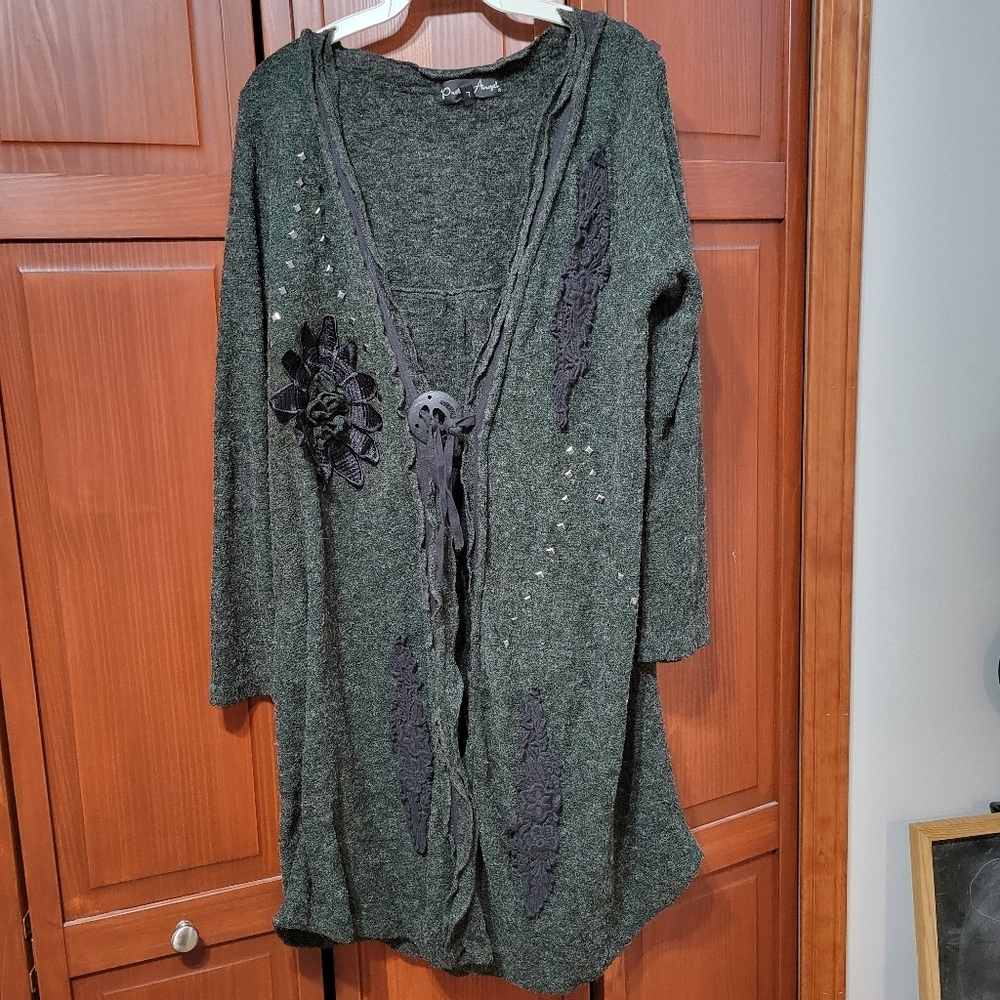 Pretty Angel Boho Floral Artsy Art To Wear Long Duster Cardigan Gray | L